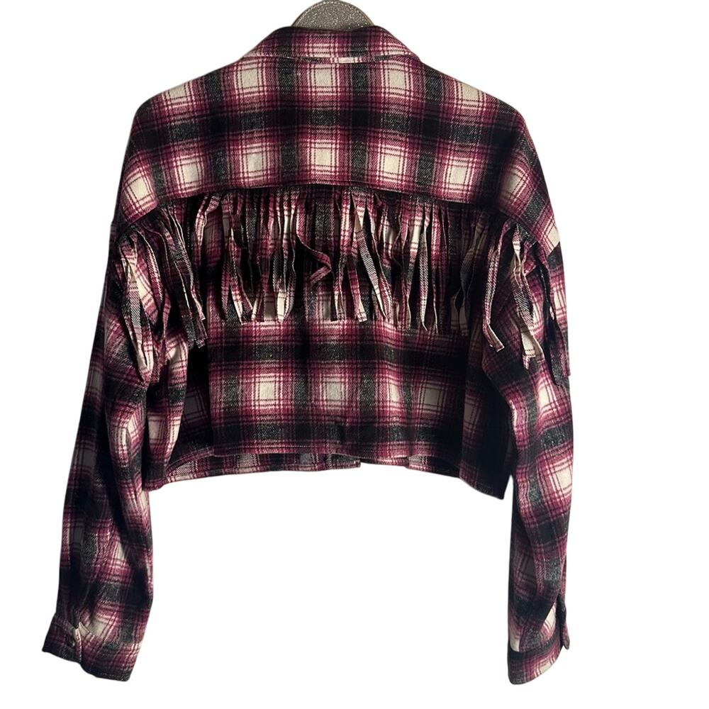 Vici Purple Black Plaid Cropped Fringe Flannel Shacket - Picture 2 of 6